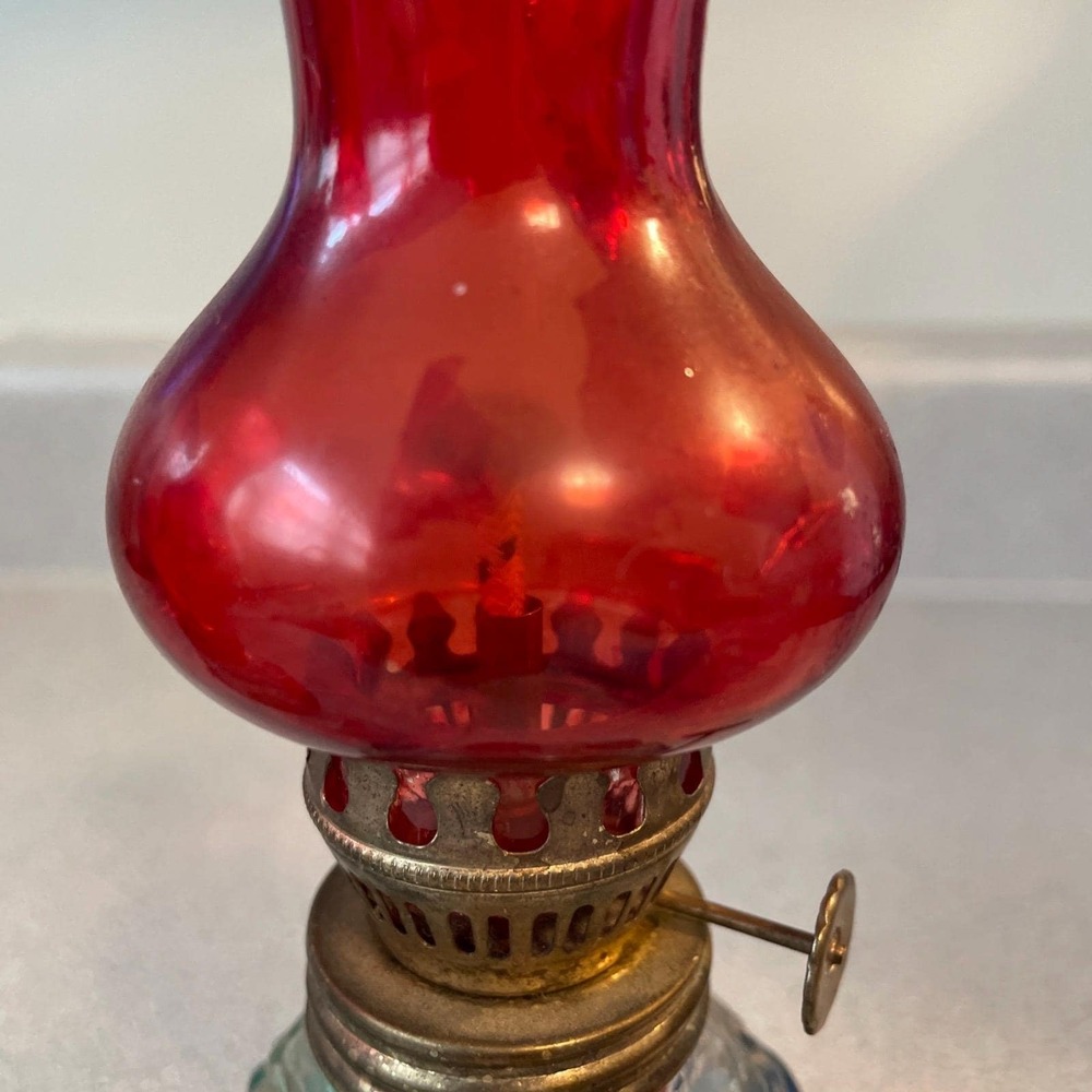 Pair of Vintage Mini Glass Oil Lamps Red Cranberry Chimney Hand Painted Pair - Picture 8 of 13